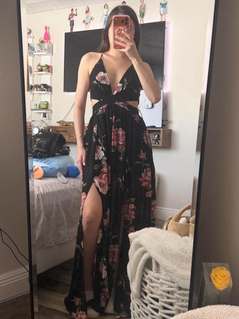 Fashion Nova Black Floral Halter Maxi Dress with Pink Roses